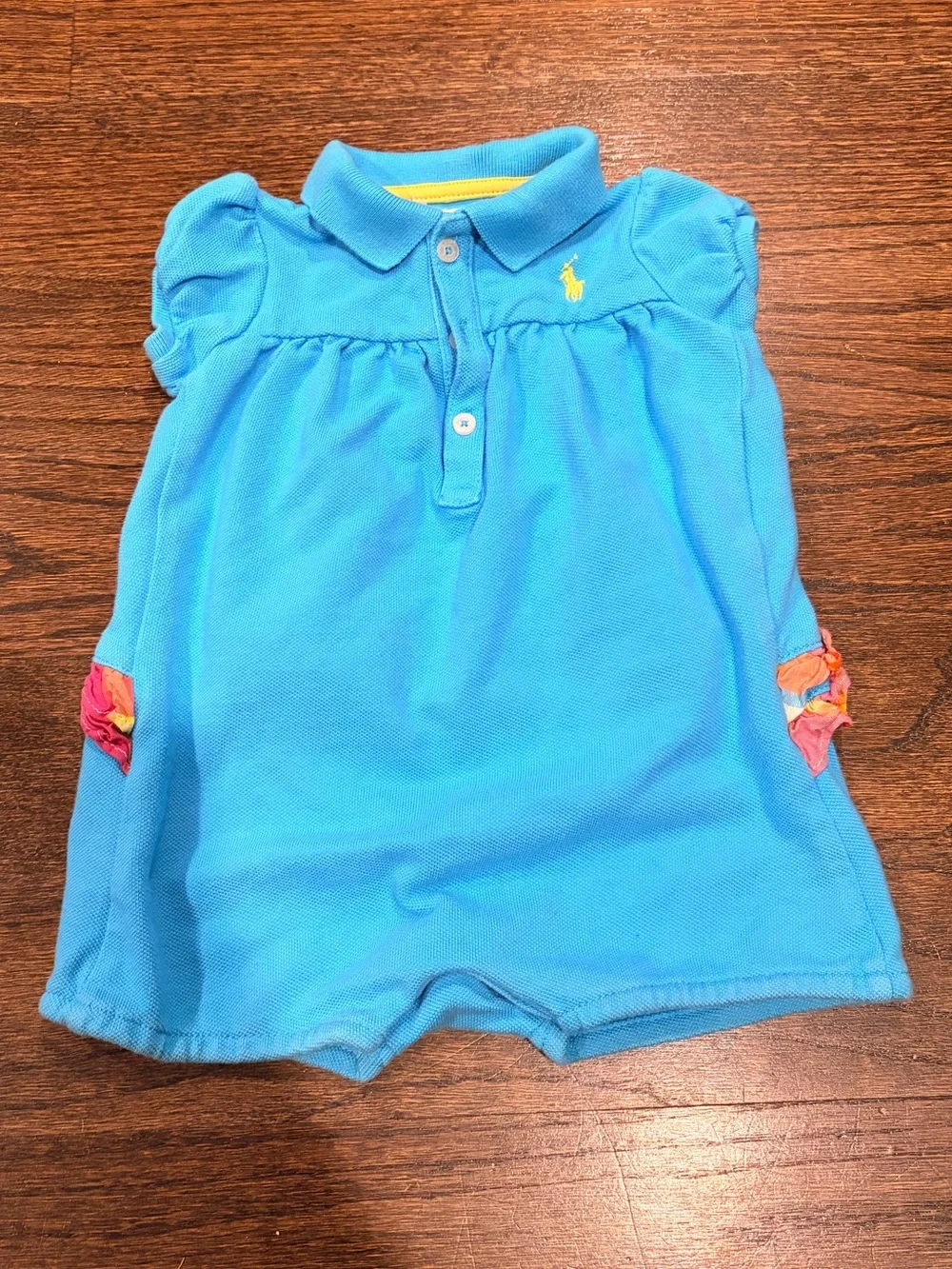 Ralph Lauren Bright Blue Polo Romper with Yellow Logo